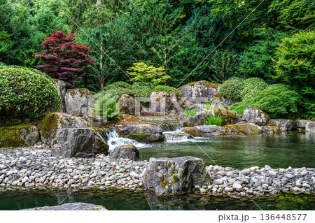 The Japanese garden in the Botanical garden in Augsburg, Germany. Lovely view on small waterfalls in japanese garden The Japanese garden in the Botanical garden in Augsburg, Germany. Lovely view on small waterfalls in japanese garden 136448577