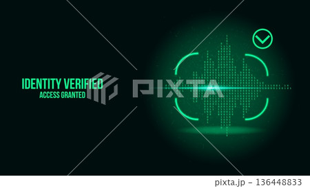Futuristic Voice Recognition Biometric Interface with Green Digital Sound Wave Access Granted 136448833