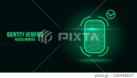 Futuristic Fingerprint Biometric Scanner Interface with Green Identity Verified Success HUDs Futuristic Fingerprint Biometric Scanner Interface with Green Identity Verified Success HUDs 136448837