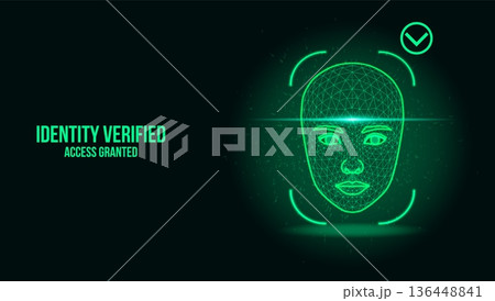 Futuristic Face Recognition Biometric Security Interface with Green Wireframe Mesh 136448841