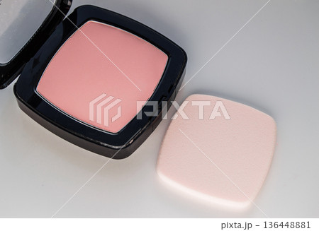 Compact powder with puff for makeup, on white background, top view Compact powder with puff for makeup, on white background, top view 136448881