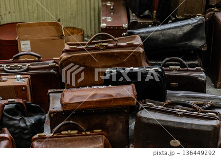 Stacked Vintage Suitcases, Leather Trunks and Hat Boxes, Film Prop Collection 136449292