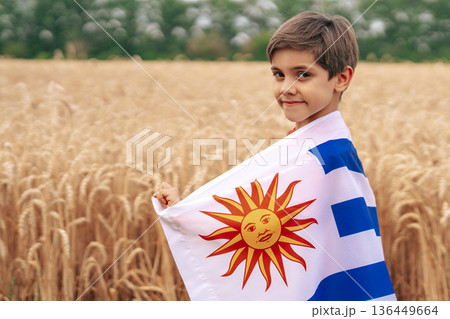 Patriot Boy Standing In Wheat Field Holding Uruguayan Flag In The Wind, Uruguay 136449664