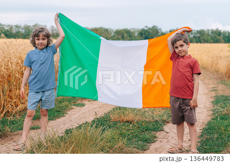 Happy Children Stands With Sunny Rural Landscape Holding The Irish Flag. Ireland Happy Children Stands With Sunny Rural Landscape Holding The Irish Flag. Ireland 136449783