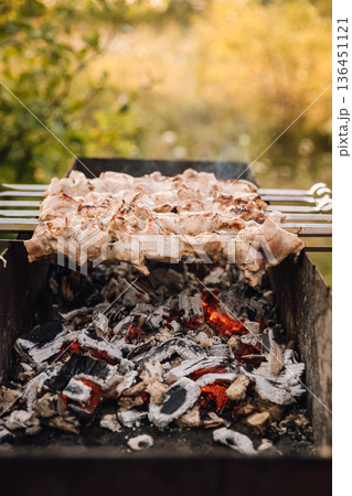 Pork kebabs grilling on skewers over charcoal barbecue, outdoor picnic 136451121