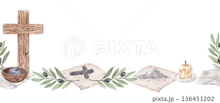 Wooden cross, ash cross, bowl of ash, candle stub, olive branches, linen napkin cloth watercolor seamless religious border on white background. Space for text, suitable for Lent, church communications 136451202
