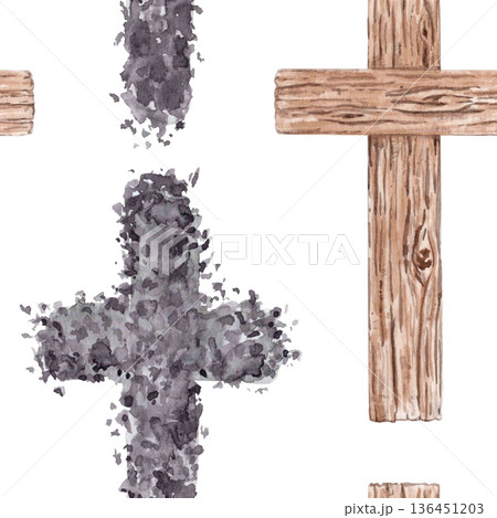 Seamless watercolor pattern with wooden crosses and ash crosses on white background. Hand painted religious repeat suitable for Lent designs, church stationery, wrapping paper, textiles, backgrounds Seamless watercolor pattern with wooden crosses and ash crosses on white background. Hand painted religious repeat suitable for Lent designs, church stationery, wrapping paper, textiles, backgrounds 136451203