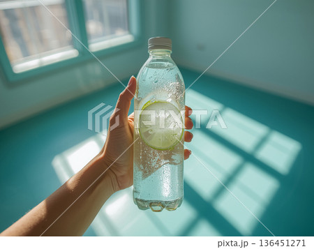 Hand holding a cold plastic bottle of lime infused sparkling water in a bright sunlit teal studio with long shadows Hand holding a cold plastic bottle of lime infused sparkling water in a bright sunlit teal studio with long shadows 136451271