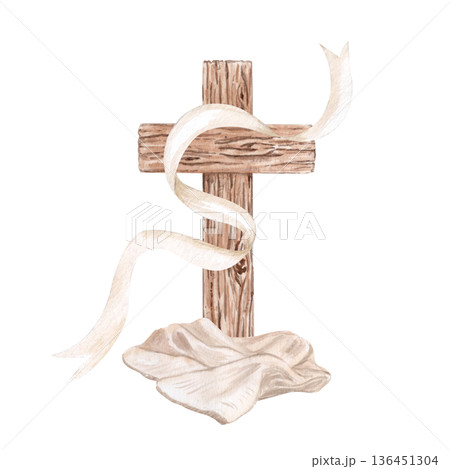 Cross with burial cloths beneath, flowing linen ribbon watercolor illustration isolated on white. Ideal for Easter, Lent, church media, sermons, design, stationery. Christ Passion, death, resurrection 136451304