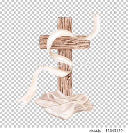 Cross with burial cloths beneath, flowing linen ribbon watercolor illustration isolated on white. Ideal for Easter, Lent, church media, sermons, design, stationery. Christ Passion, death, resurrection 136451304