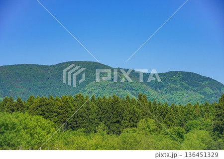 初夏の爽やかな青空と連なる新緑の山々 初夏の爽やかな青空と連なる新緑の山々 136451329