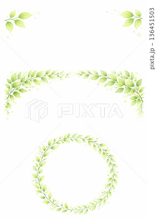水彩風 グリーンリーフフレームセット アーチと円形 ナチュラル背景素材 水彩風 グリーンリーフフレームセット アーチと円形 ナチュラル背景素材 136451503