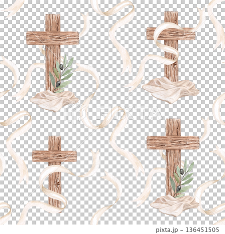 Seamless pattern wooden cross wrapped in ribbon, olive branches and linen cloth, hand-painted watercolor Christian illustration on white background, ideal for fabric, wrapping paper, church stationery 136451505