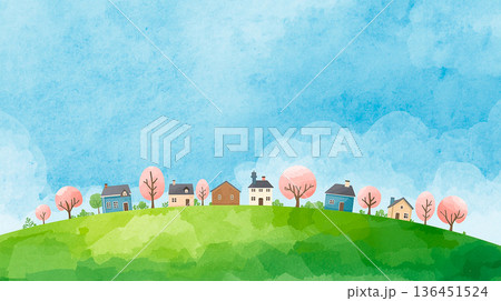 水彩風の街並み背景素材 丘の上の家々と豊かな自然の風景イラスト 136451524