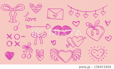 Cute Valentines Day Element Set with Whimsical Bows and Hearts. Vector Illustration 136451608