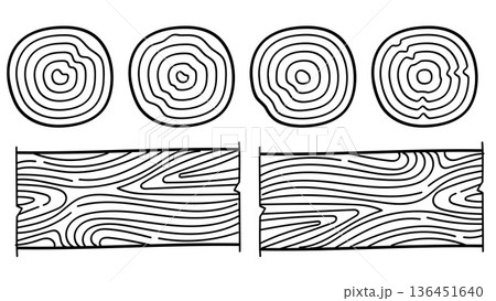 Wooden texture. Hand drawn wood tree rings. Graphics round, square elements, outline tree rings, stumps structure. Decorative nature cutting wood circle. 136451640