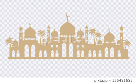 Ramadan Mosque Silhouette with Palm Trees Gold.Vector Illustration 136451653