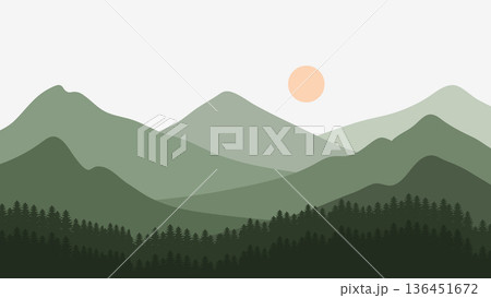 Nature Green Mountains and Silhouette Pine Trees Background.Vector Illustration 136451672