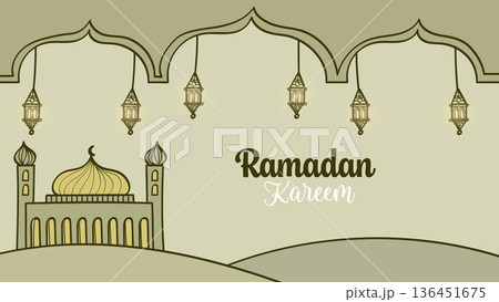 Cute Ramadan Kareem Doodle Illustration with Mosque and Lanterns.Vector Illustration 136451675