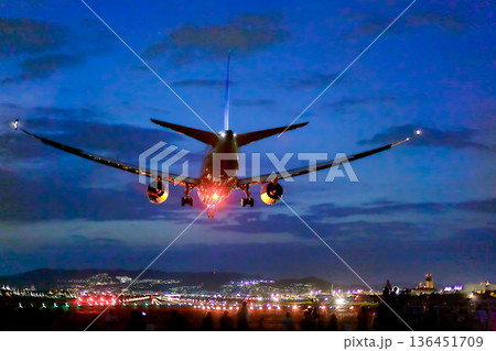 夜の滑走路へ降り立つ飛行機の機体 136451709