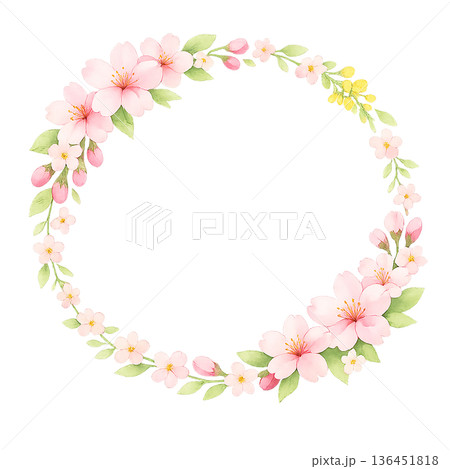 水彩風 ピンク花の円形フラワーリース 春のPNG切り抜きフレーム素材 136451818
