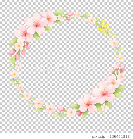 水彩粉紅花卉圓形花環春季PNG摳圖邊框素材 136451818