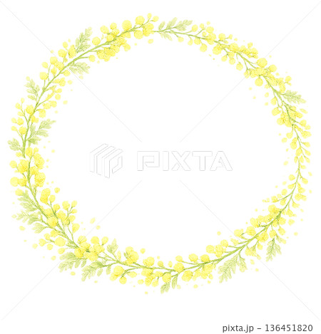 水彩風 黄色い小花の円形リース 春のPNG切り抜きフレーム素材 136451820