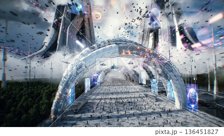 Futuristic city. Sci fi architecture and buildings. Future concept. Flying cars in air. Crowd of peoples. 3d rendering. Futuristic city. Sci fi architecture and buildings. Future concept. Flying cars in air. Crowd of peoples. 3d rendering. 136451827