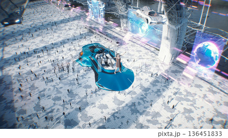 A woman on fly car. Futuristic city. Sci fi architecture and buildings. Future concept. Flying cars in air. 3d rendering. 136451833