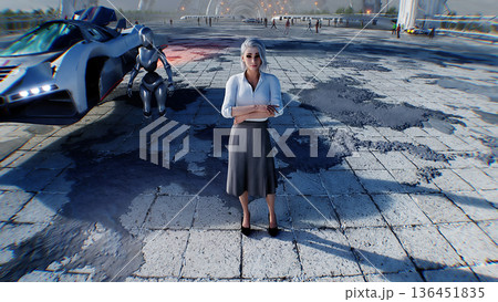 A woman and futuristic city. Sci fi architecture and buildings. Future concept. Flying cars in air. 3d rendering. 136451835