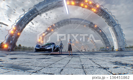A woman and futuristic city. Sci fi architecture and buildings. Future concept. Flying cars in air. 3d rendering. 136451862