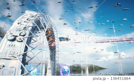 A woman on fly car. Futuristic city. Sci fi architecture and buildings. Future concept. Flying cars in air. 3d rendering. 136451864
