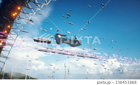 A woman on fly car. Futuristic city. Sci fi architecture and buildings. Future concept. Flying cars in air. 3d rendering. A woman on fly car. Futuristic city. Sci fi architecture and buildings. Future concept. Flying cars in air. 3d rendering. 136451868