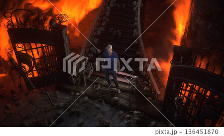 Man in hell. Sinner. A lonely sinfull man stands in front of a hell gates. Hell fire. Religious concept. 3d rendering. 136451870