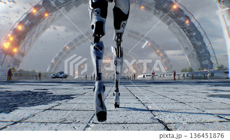 A walking robot and futuristic city. Sci fi architecture and buildings. Future concept. Flying cars in air. 3d rendering. 136451876