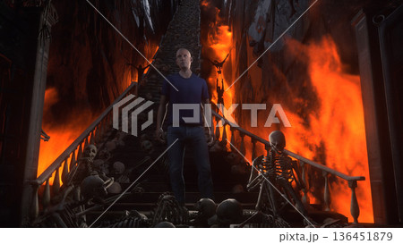 Man in hell. Sinner. A lonely sinfull man stands in front of a hell gates. Hell fire. Religious concept. 3d rendering. 136451879
