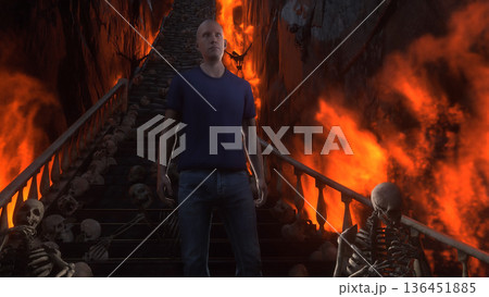 Man in hell. Sinner. A lonely sinfull man stands in front of a hell gates. Hell fire. Religious concept. 3d rendering. 136451885