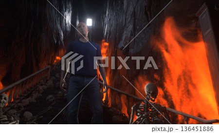 Man in hell. Sinner. A lonely sinfull man stands in front of a hell gates. Hell fire. Religious concept. 3d rendering. 136451886
