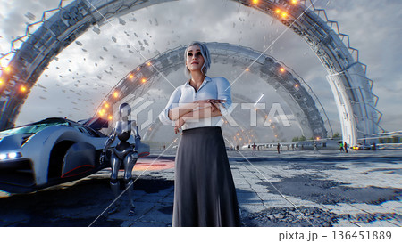A woman and futuristic city. Sci fi architecture and buildings. Future concept. Flying cars in air. 3d rendering. A woman and futuristic city. Sci fi architecture and buildings. Future concept. Flying cars in air. 3d rendering. 136451889