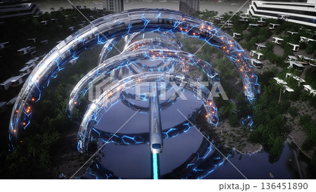 Futuristic city. Flying passenger train. Futuristic architecture. People and robots. 3d rendering. Futuristic city. Flying passenger train. Futuristic architecture. People and robots. 3d rendering. 136451890