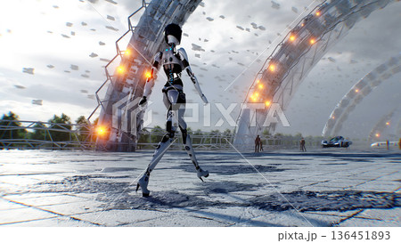 A walking robot and futuristic city. Sci fi architecture and buildings. Future concept. Flying cars in air. 3d rendering. 136451893