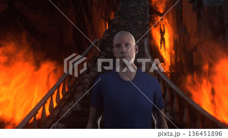 Man in hell. Sinner. A lonely sinfull man stands in front of a hell gates. Hell fire. Religious concept. 3d rendering. Man in hell. Sinner. A lonely sinfull man stands in front of a hell gates. Hell fire. Religious concept. 3d rendering. 136451896