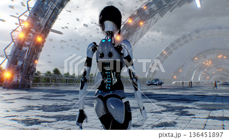 A walking robot and futuristic city. Sci fi architecture and buildings. Future concept. Flying cars in air. 3d rendering. A walking robot and futuristic city. Sci fi architecture and buildings. Future concept. Flying cars in air. 3d rendering. 136451897