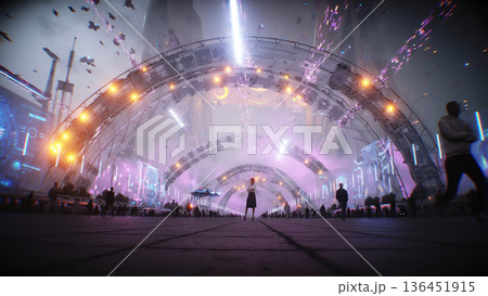 A woman and futuristic city. Sci fi architecture and buildings. Future concept. Flying cars in air. 3d rendering. 136451915