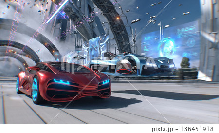 Futuristic red sport car and flying car driving fast, overtaking each other on a futuristic city. 3d rendering. Futuristic red sport car and flying car driving fast, overtaking each other on a futuristic city. 3d rendering. 136451918