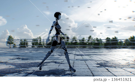 A walking robot and futuristic city. Sci fi architecture and buildings. Future concept. Flying cars in air. 3d rendering. A walking robot and futuristic city. Sci fi architecture and buildings. Future concept. Flying cars in air. 3d rendering. 136451921