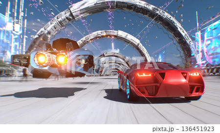 Futuristic red sport car and flying car driving fast, overtaking each other on a futuristic city. 3d rendering. 136451923
