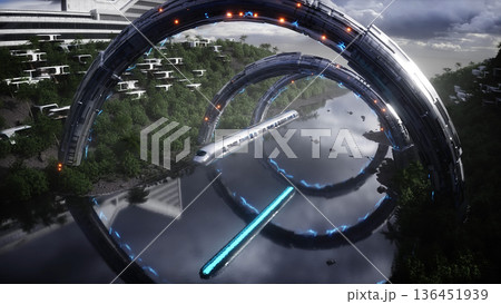 Futuristic city. Flying passenger train. Futuristic architecture. People and robots. 3d rendering. Futuristic city. Flying passenger train. Futuristic architecture. People and robots. 3d rendering. 136451939