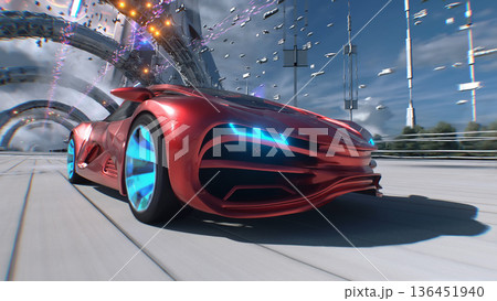 An electric red sport car driving fast on a futuristic city street. Concept of future. 3d rendering. An electric red sport car driving fast on a futuristic city street. Concept of future. 3d rendering. 136451940