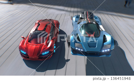 Futuristic red sport car and flying car driving fast, overtaking each other on a futuristic city. 3d rendering. 136451948